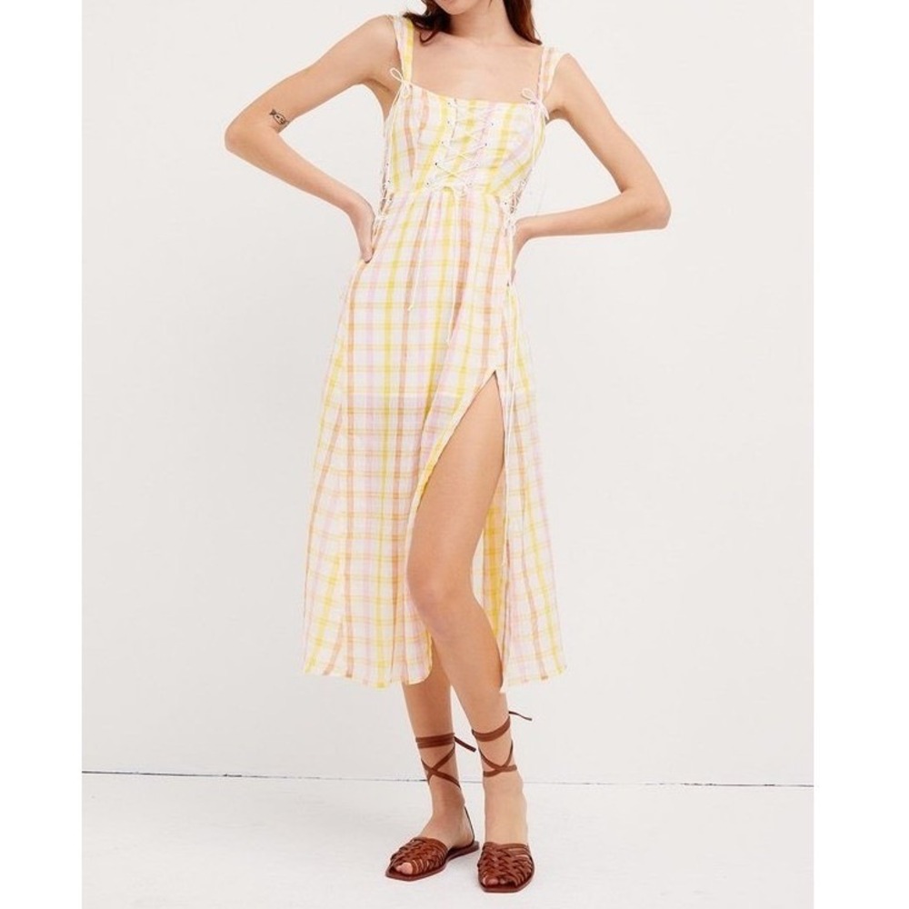 For Love & Lemons Rue Midi Dress Pink Yellow Plaid Lace Up Large